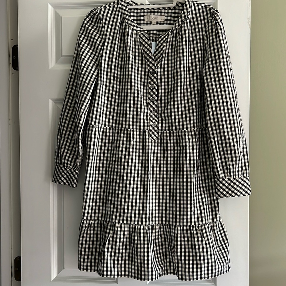 NWT Loft black & white gingham dress,  mini length,  ruffle bottom,  long sleeve